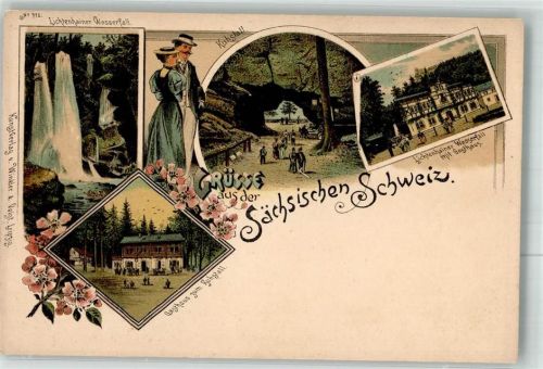 01814 O8320 Bad Schandau Lithographie Lichtenhainer Wasserfall Kuhstall Gasthaus Kuhstall
