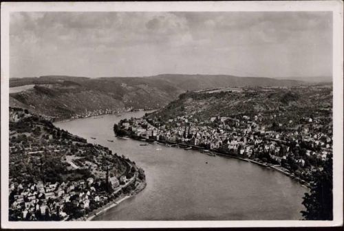 um 1950 Blick auf Filsen, Kamp und Bobbard am Rhein,Hans Andres AKU1