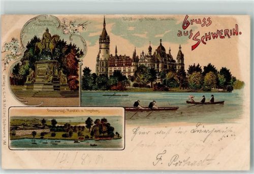 Schwerin 1901 Großherzgl. Schloss Südseite Großherzog Friedrich Franz II. Großherzgl. Marstall u. Umgebung Lithographie