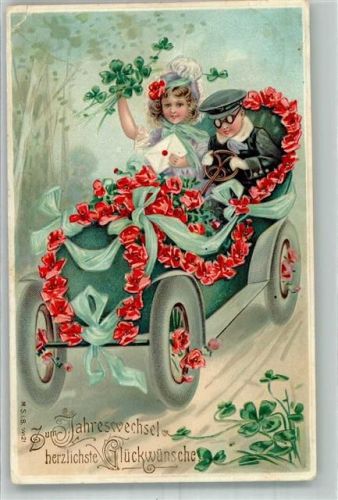 1909 Prägedruck Neujahr Automobil mit Blüten geschmückt