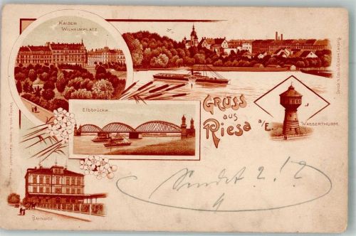 Riesa Panorama des Ortes mit Elbeschiff Kaiser-Wilhelm-Platz Elbbrücke Bahnhof Wasserturm