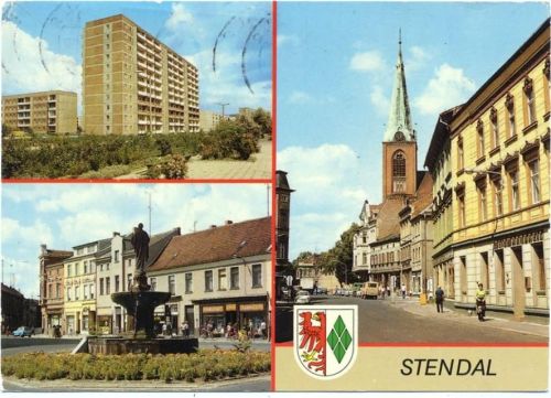 um 1980/90 Stendal, Sperlingbrunnen, Otto-Grotewohl-Straße, Blick zur Jacobikirche,Bild und Heimat Reichenbach,sign. Kampmann, Berlin