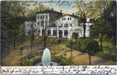 um 1910 Halle a. d. Saale, Bad Wittekind, Brunnen mit Fontäne