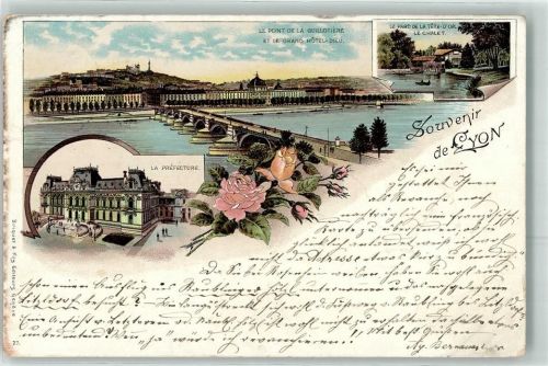 Lyon 1900 La Prefecture Parc de la Tete d Or Le Chalet Ruderboot Le Pont de la Guillotiere Grand Hotel Dieu Blumen Lithographie