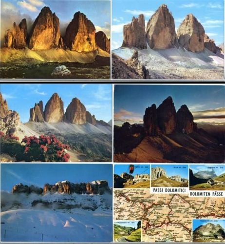 um 1970/90 Dolomiten, Italien, Tre Cime di Lavaredo, Ansichten, 1 Landkarte, 3 AK o 1976/87, 3 AK x 1970/80