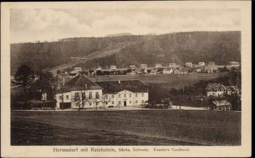 um 1920/30 Hermsdorf, Sächs. Schweiz, Ansicht mit Reichstein, Kesslers Gasthaus,Fritz Siegemund