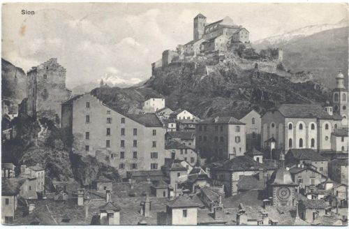 Sion: Ansicht, Kirche, Burg,Louis Burgy AKU1 Gletscher 1908