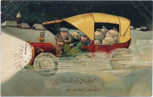 1909 Glückliche Fahrt im neuen Jahre, Postboten mit Auto, Geld,