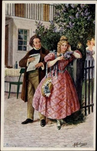 um 1910/20 -Schubert und Hannele-, Komponist, Paar in Biedermeiertracht,K. Ph. W.,sign. A. Hastmann