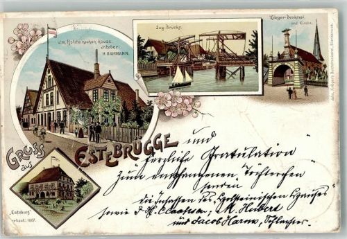 Estebrügge 1897 Lithographie Kriegerdenkmal Gasthaus Holsteinisches Haus Esteburg