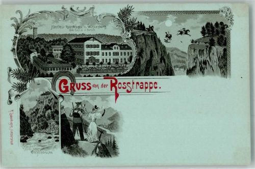 06502 O4308 Bodetal Lithographie Hotel Zur Rosstrappe Winzenburg Teufelsbrücke Fernglas