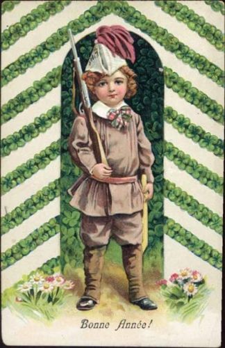 1908 Frohes neues Jahr, Kind, Gewehr, Kleeblätter, Künstler-AK