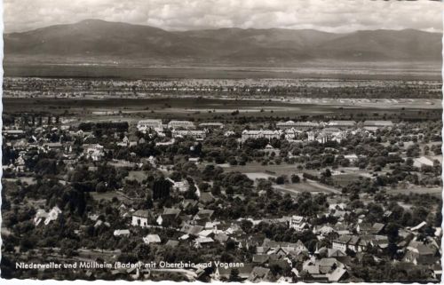 um 1960 Niederweiler und Mühlheim(Baden) mit Oberrhein und Vogesen.,Erwin Burda AKU1