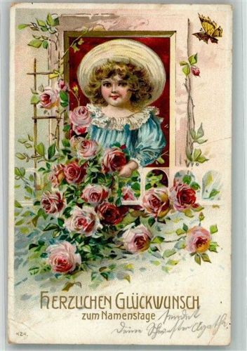 1913 Mädchen in einem mit Rosen umrankten Fenster Künstlerkarte