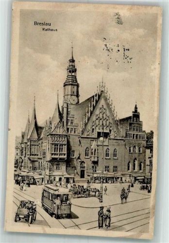 Breslau 1920 Rathaus Straßenbahn Marktszene