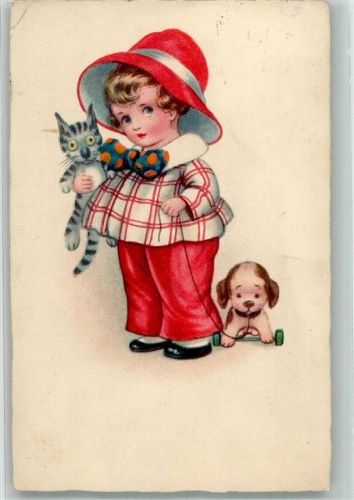 Kleines Mädchen mit rotem Hut Stoffkatze und Stoffhund Spielzeug Künstlerkarte Nr. 1709
