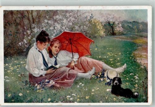 sign. Süss Zwei junge Frauen mit Hund auf einer Wiese in Frühlingslandschaft Nr. 741