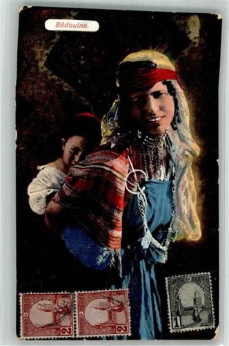 Tunis Tracht Frau mit Kind Bedoine Marke bildseitig
