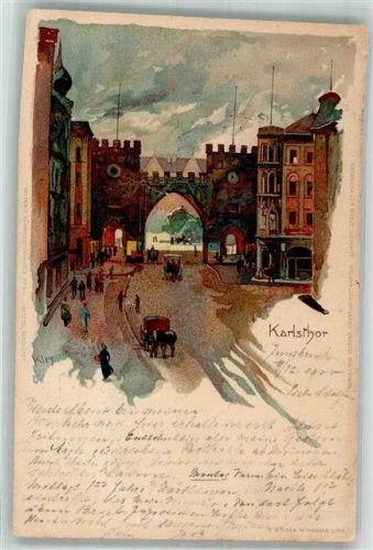 München 1900 Lithographie Karlstor Künstlerkarte