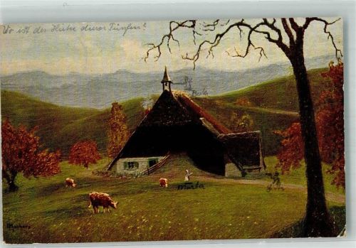 1915 Weidende Rinder vor einem Reetgedeckten Haus mit Glockentürmchen