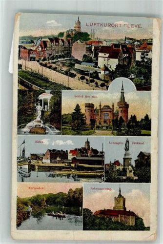 Kleve 1923 Panorama der Stadt mit Schwanenburg Schloss Moyland Hafen Lohengrin-Denkmal Kermisdahl Belgische Militärpost