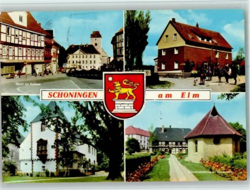 Schöningen Markt mit Rathaus Jugendherberge Schloßhotel Altenheimstiftung mit Glaskapelle Wappen 4-Bildaufnahme