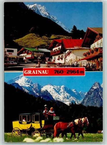 Grainau Oberer Dorfplatz mit Zugspitze Postkutschenfahrt