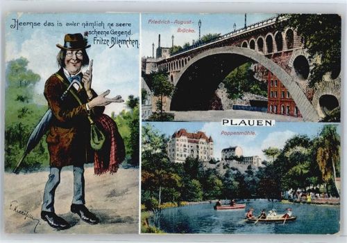 Plauen Friedrich-August-Brücke, Poppenmühle, Fritze Bliemchen
