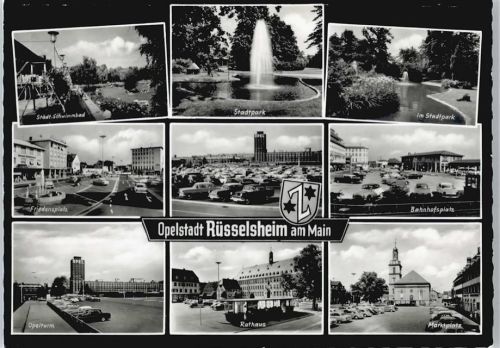 Rüsselsheim Rathaus, Schwimmbad, Bahnhofsplatz, Marktplatz, Opelturm, Stadtpark