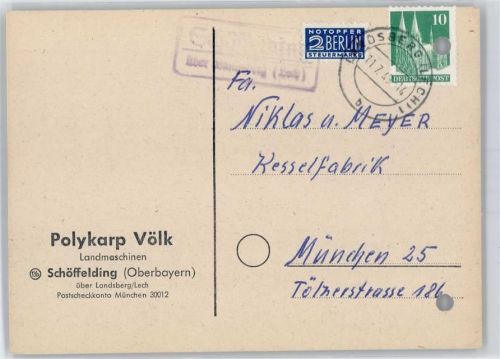 Schöffelding Landpoststempel , Drucksache Reklame Polykarp Völk Landmaschinen
