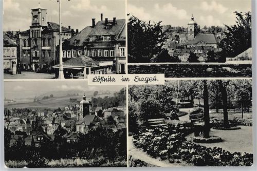 08294 O9407 Lößnitz - Marktplatz, Teilansicht, Park, Kirche AKU2