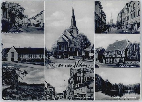Hilden Benrather Straße, Mittelstraße, Fabricius-Haus, Jugendheim, Kirche, Heideweg, Rathaus, Gondelteich im Stadtwald