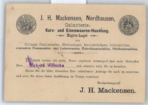 Nordhausen Geschäftskorrespondenz Firma Kurz- und Eisenwarenhandlung J.H. Mackensen