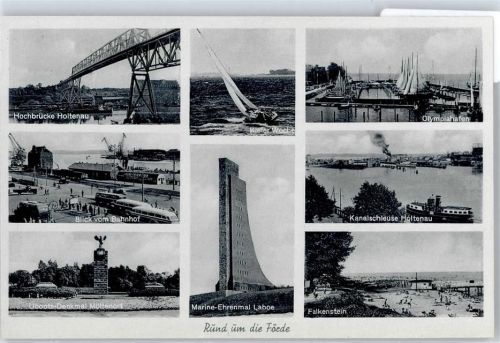 Laboe Marine-Ehrenmal, Olympiahafen, Kanalschleuse Holtenau, Falkenstein, Blick vom Bahnhof, Hochbrücke Holtenau, Uboots-Denkmal Möltenort