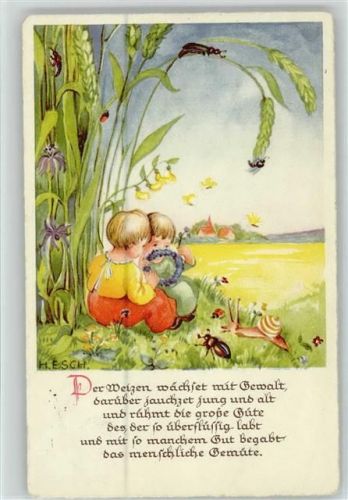 1940 Blumenkranz Käfer Künstler sign H. Esch