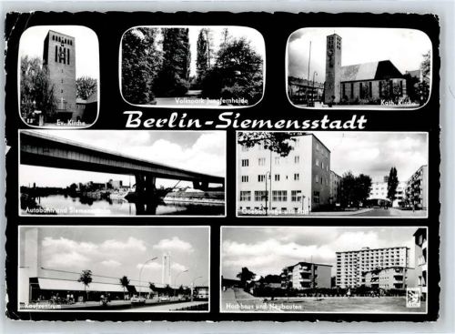 Siemensstadt Kirche, Volkspark Jungfernheide, Kaufzentrum, Autobahn, Siemensbrücke, Goebelstraße, Postamt