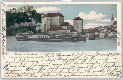 94032 W8390 Passau - Unter- und Oberhaus, Schiff, Abfahrt des Salon-Dampfers nach Linz-Wien