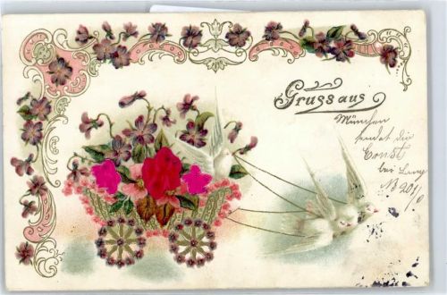 Tauben , Blumenwagen , Prägedruck