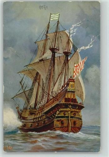 Nr. 148 Kriegsschiff 16. Jahrh. Segelschiff Künstler sign Rave
