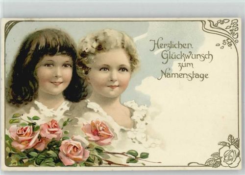 1911 Litho Kinder mit Rosen, Jugendstilrahmen, Namenstag
