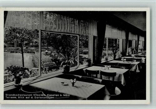 Kapellen Strandbaderestaurant Silbersee Innenaufnahme Blick auf die Gartenanlagen Terrasse
