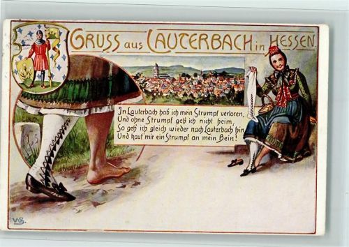 Lauterbach Frau mit einem Strumpf Strumpflied Ortsansicht Wappen sign. WS