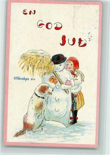 1920 God Jul - Mädchen mit Hund u. ein Schneemann AK