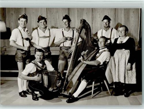 Schuhplattler Gruppe - Finkenberger Buebm - Harfe, Ziehharmonika, Lederhosen - Volksmusik Musikgruppe Foto AK