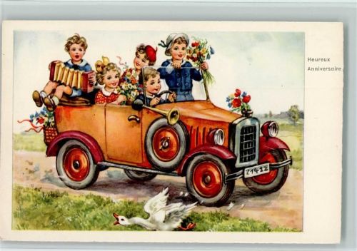 1930 Verlag Hairing Nr. 4487 - Ziehharmonika, Kinder im Auto, Heureux Anniversdaire AK
