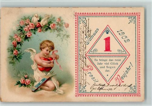 1904 Neujahr - Amor mit Herzen, Tauben, Bogentasche AK