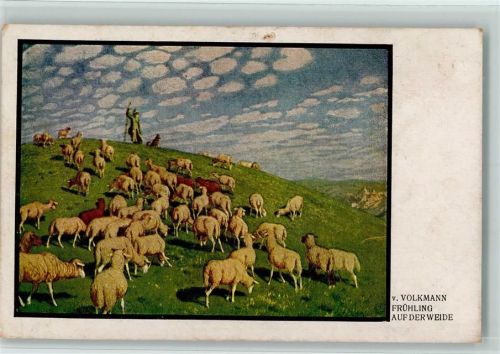 Frühling auf der Weide Schäfer mit Hund und Schafherde sign. v. Volkmann Frühling