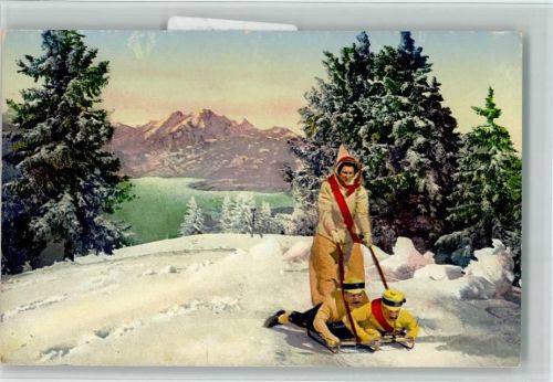 1913 Wintersport - Sports d`hiver - Frau steht hinten auf einem Schlitten t