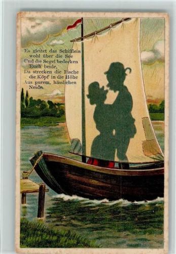 Segelboot - Liebespaar im Schatten der Segel , Spruch AK Kuss 1909 Prägedruck