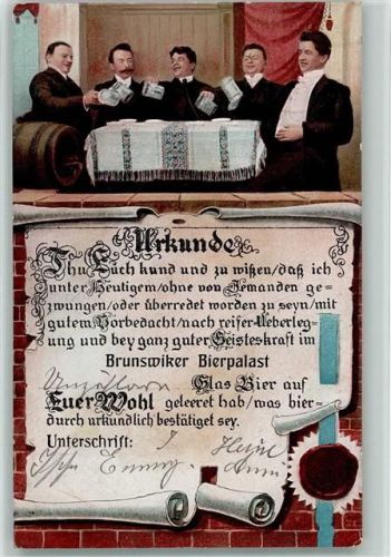 Urkunde - 1 Glas Bier auf euer Wohl geleert AK Bier 1912